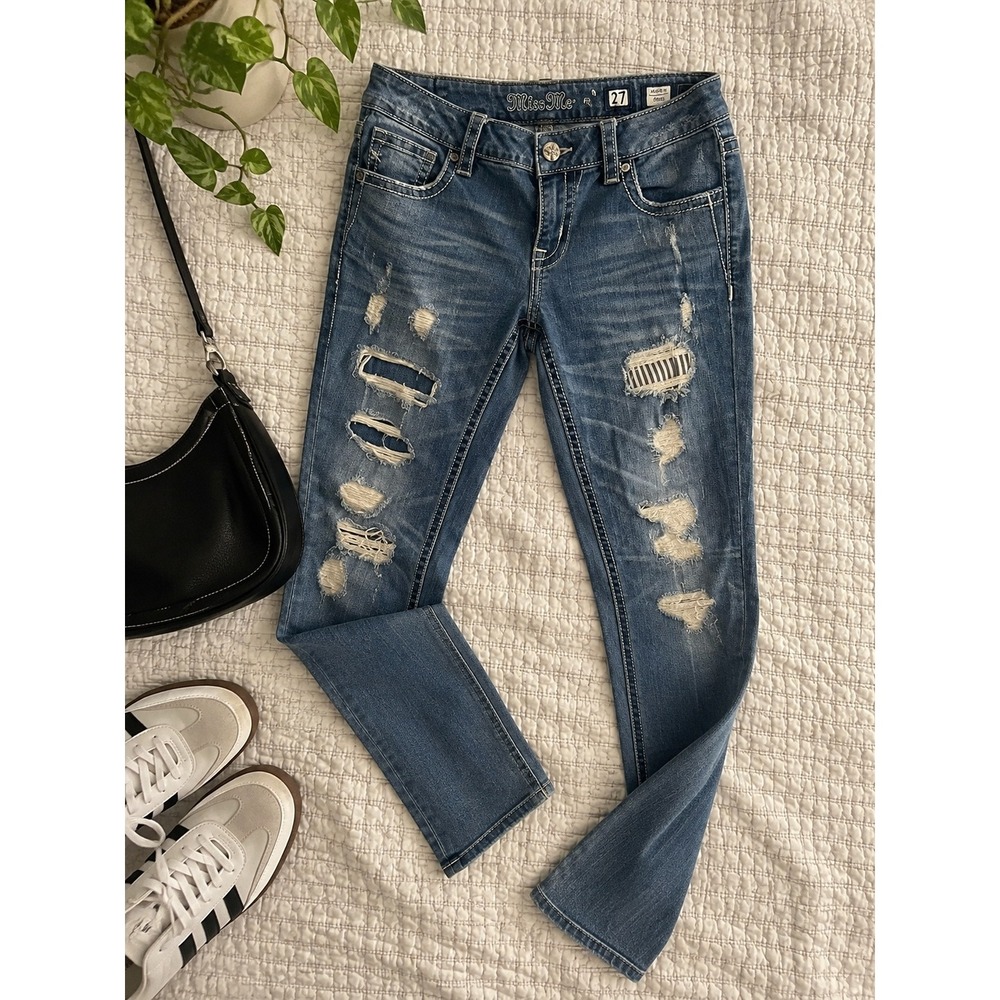 Miss Me Mid-Rise Skinny Distressed Striped Patch Jeans MP7657S Size 27